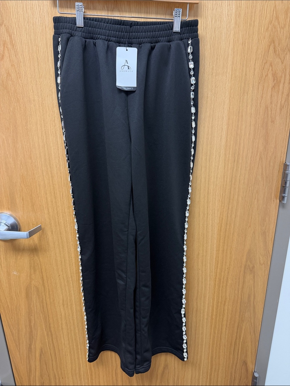 Anewsta Women's Black Wide-Leg Track Pants with Crystal Rhinestone Side Trim